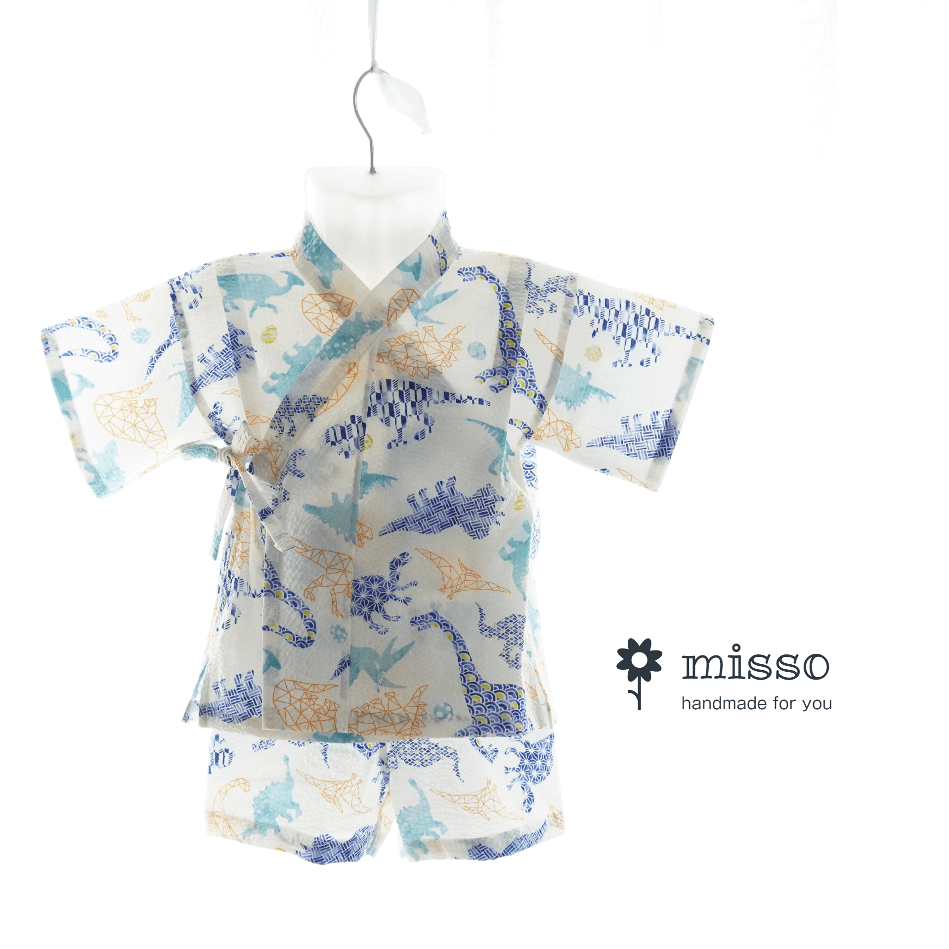 暑い夏でもさらりと気持ちいいリップル素材のこだわりベビー甚平〇恐竜シロ