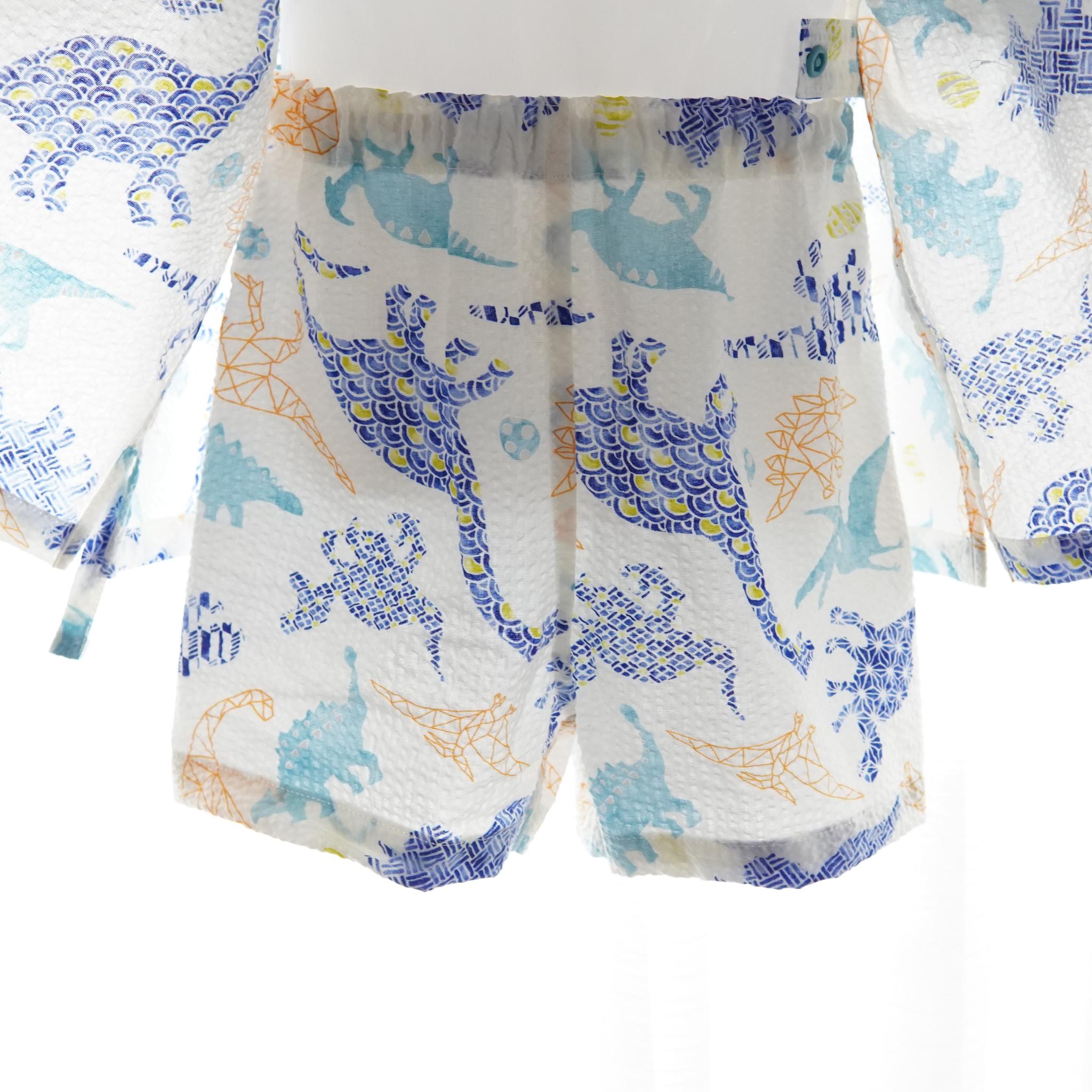 暑い夏でもさらりと気持ちいいリップル素材のこだわりベビー甚平〇恐竜シロ | 2枚目