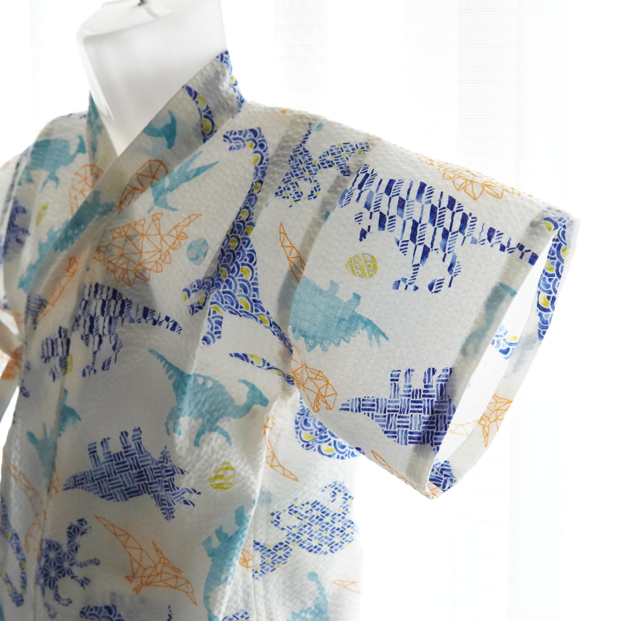 暑い夏でもさらりと気持ちいいリップル素材のこだわりベビー甚平〇恐竜シロ | 4枚目