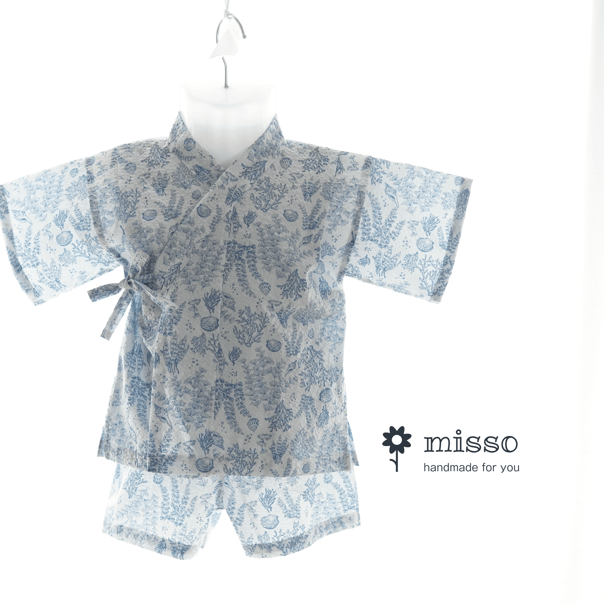 暑い夏でもさらりと気持ちいいリップル素材のこだわりベビー甚平〇シェル・ブルー1枚目の画像