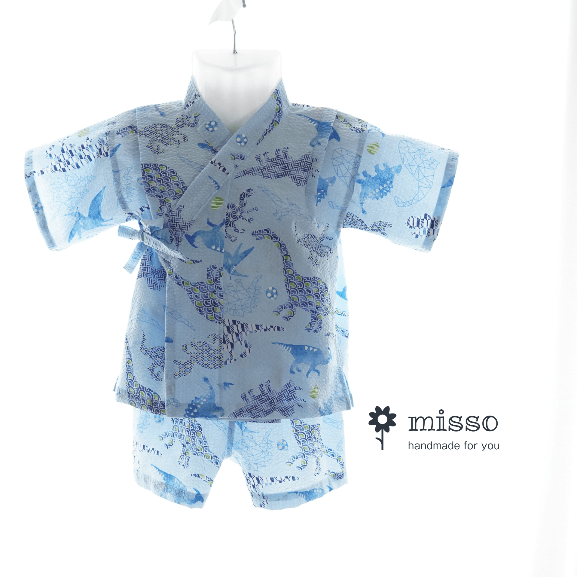 暑い夏でもさらりと気持ちいいリップル素材のこだわりベビー甚平〇恐竜ミズイロ