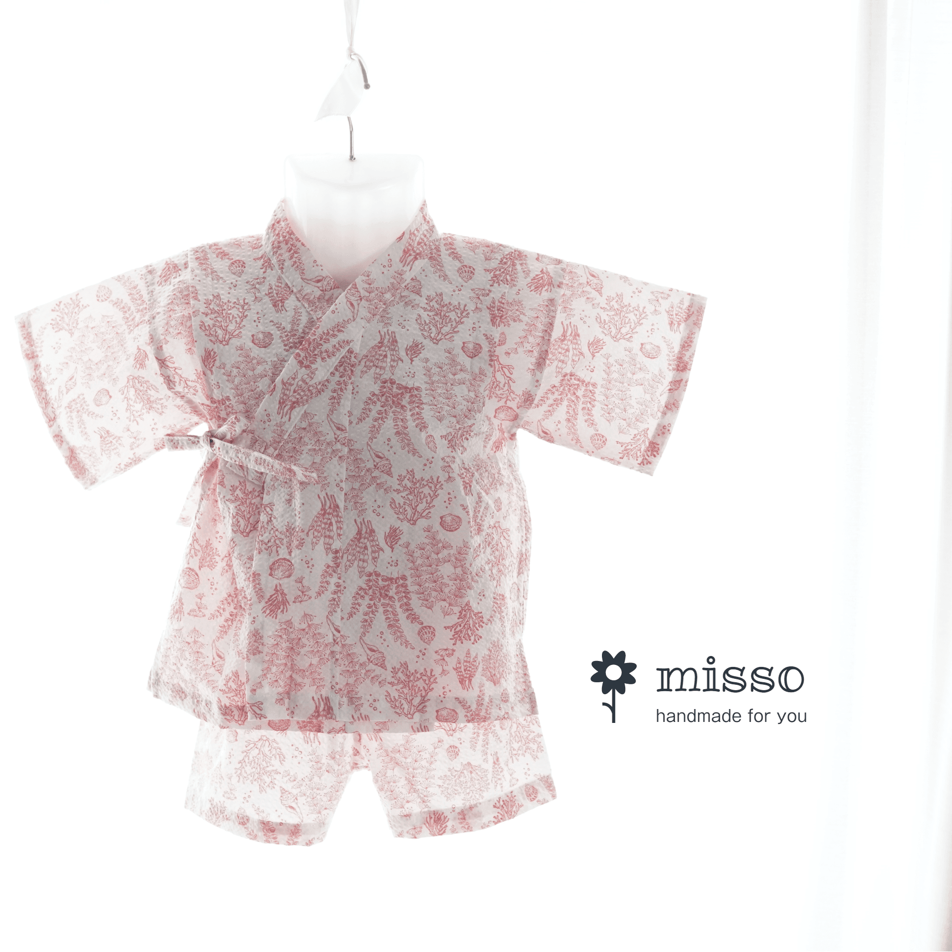 暑い夏でもさらりと気持ちいいリップル素材のこだわりベビー甚平〇シェル・ピンク1枚目の画像