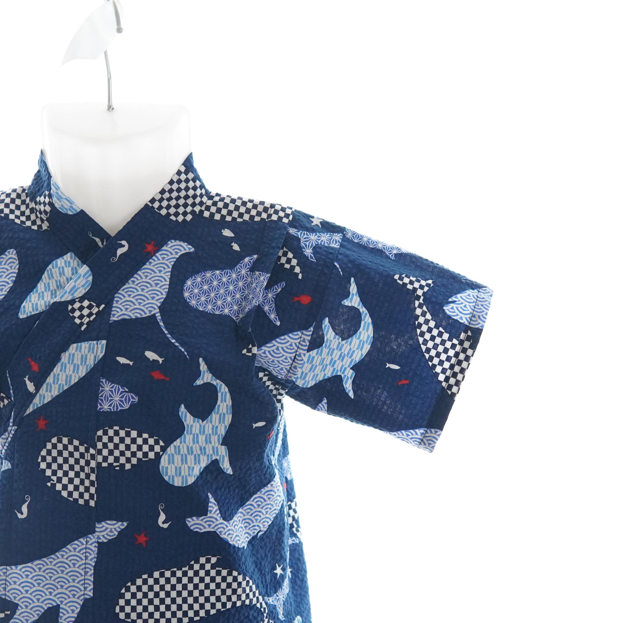 暑い夏でもさらりと気持ちいいリップル素材のこだわりベビー甚平〇クジラ２・ネイビー | 2枚目