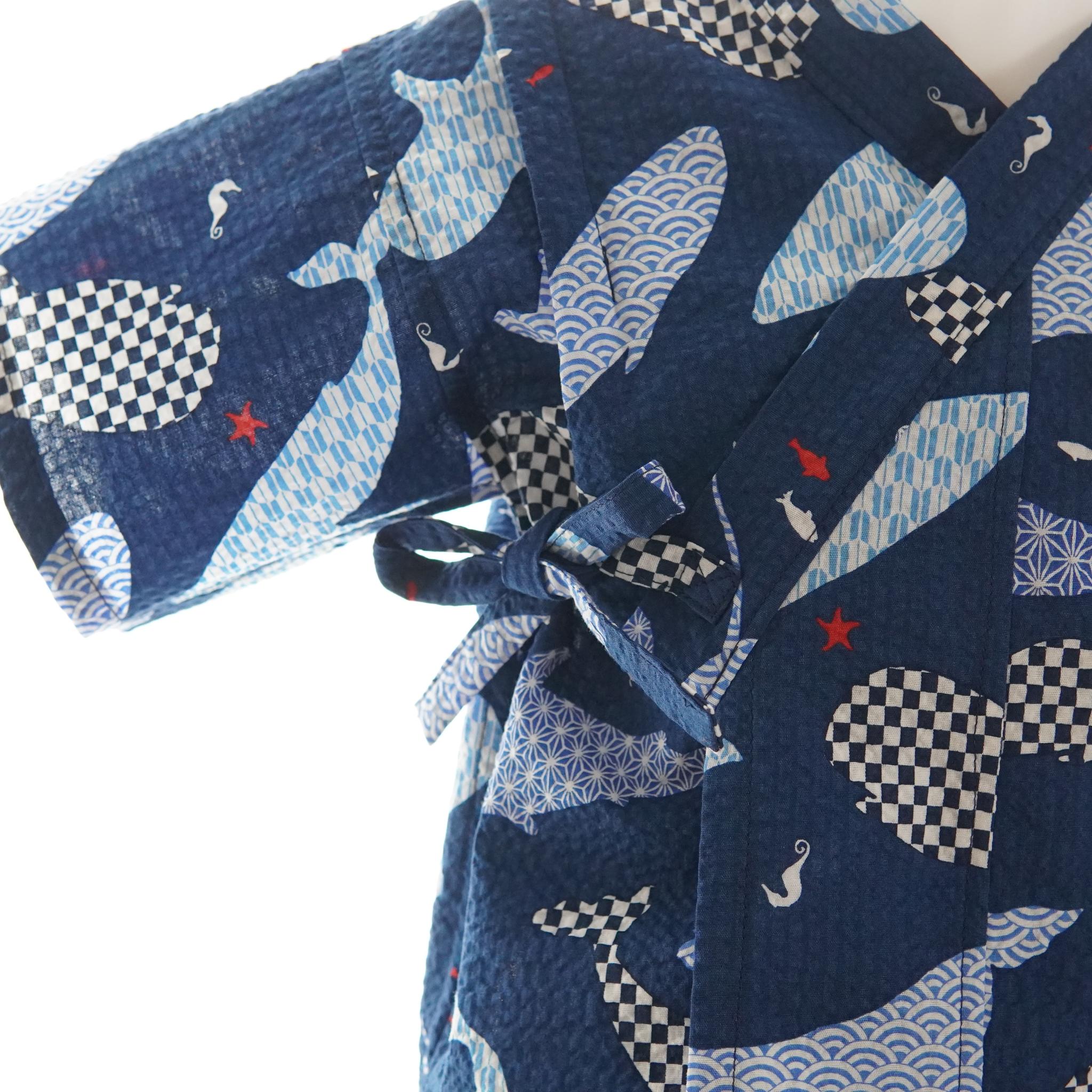 暑い夏でもさらりと気持ちいいリップル素材のこだわりベビー甚平〇クジラ２・ネイビー | 3枚目