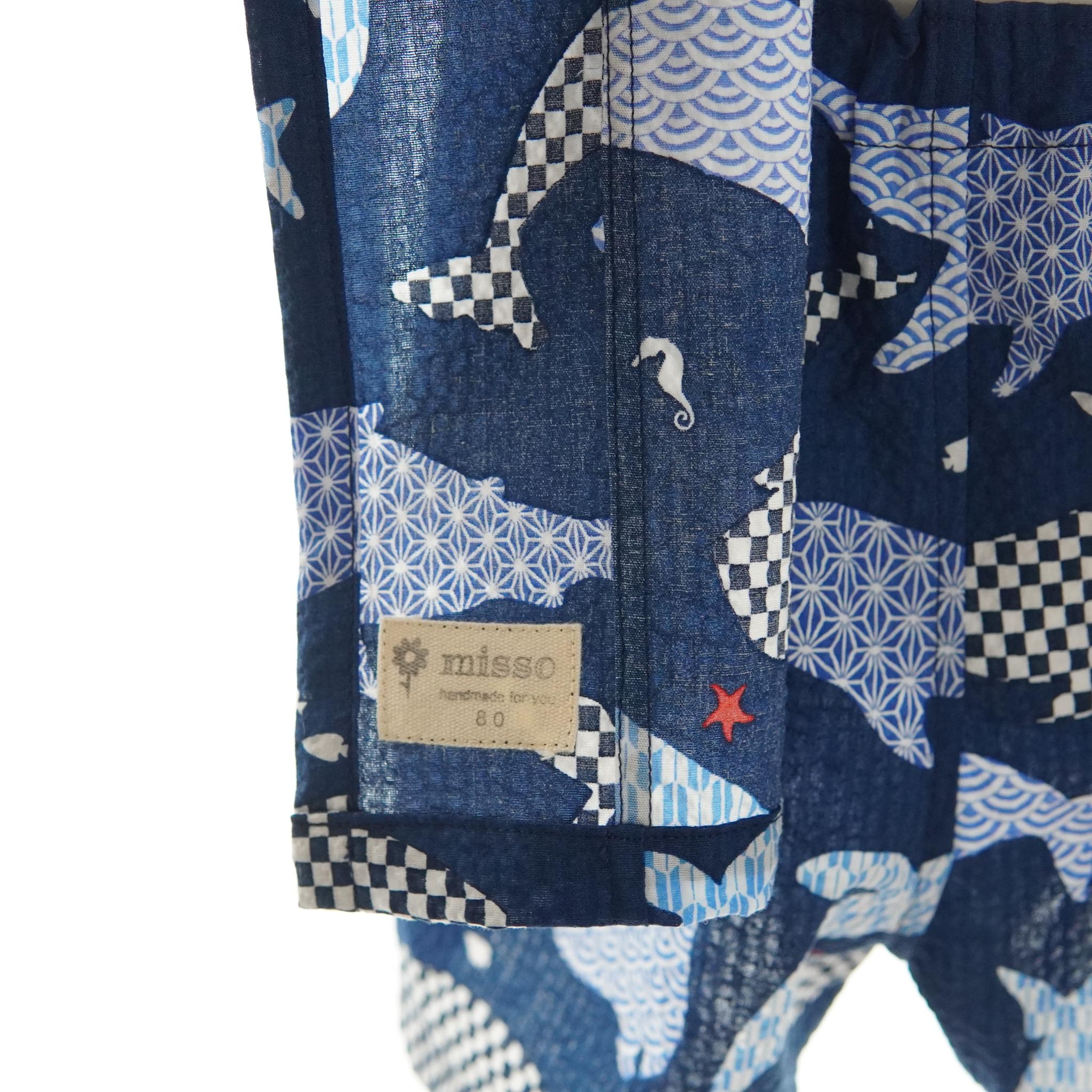 暑い夏でもさらりと気持ちいいリップル素材のこだわりベビー甚平〇クジラ２・ネイビー | 6枚目