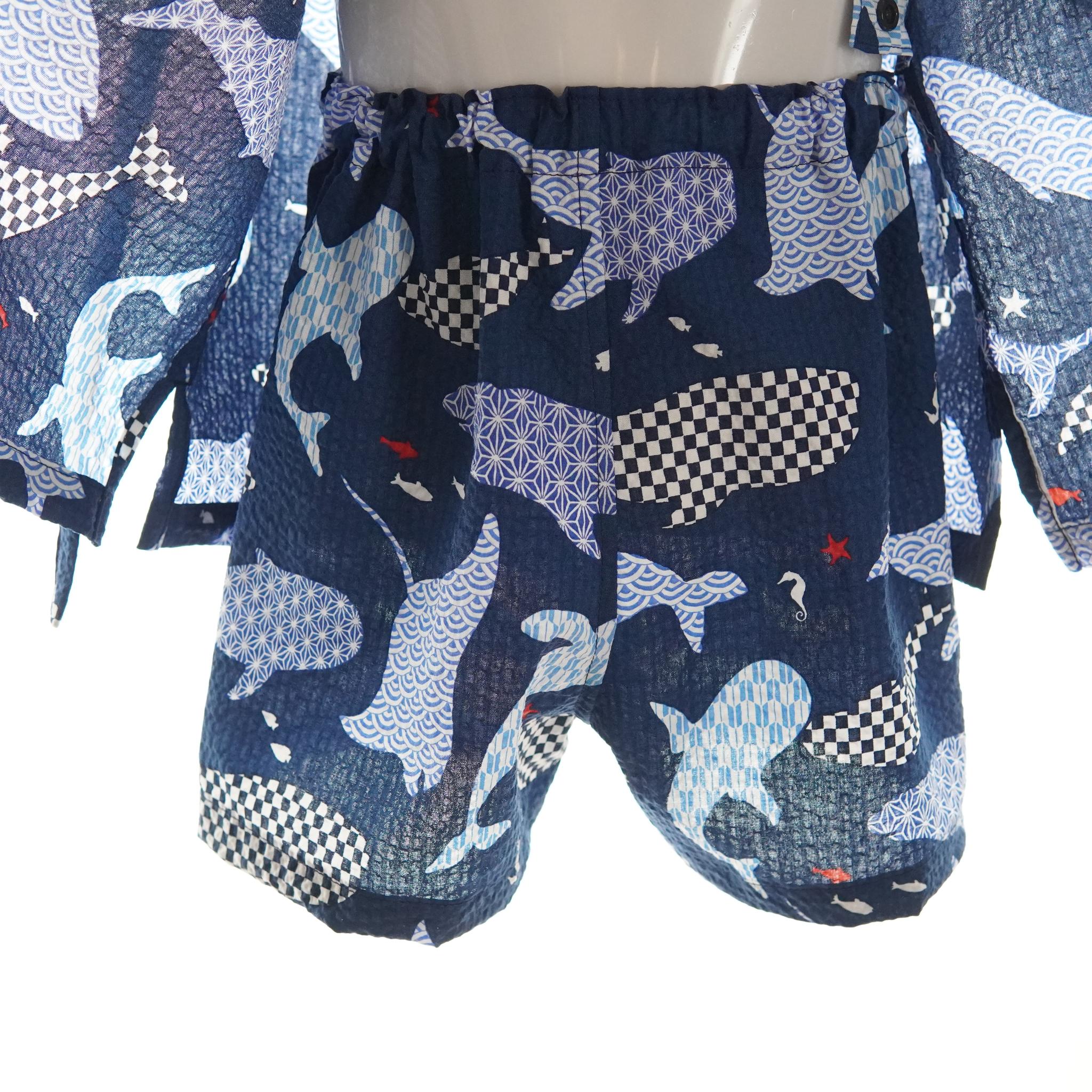 暑い夏でもさらりと気持ちいいリップル素材のこだわりベビー甚平〇クジラ２・ネイビー | 7枚目