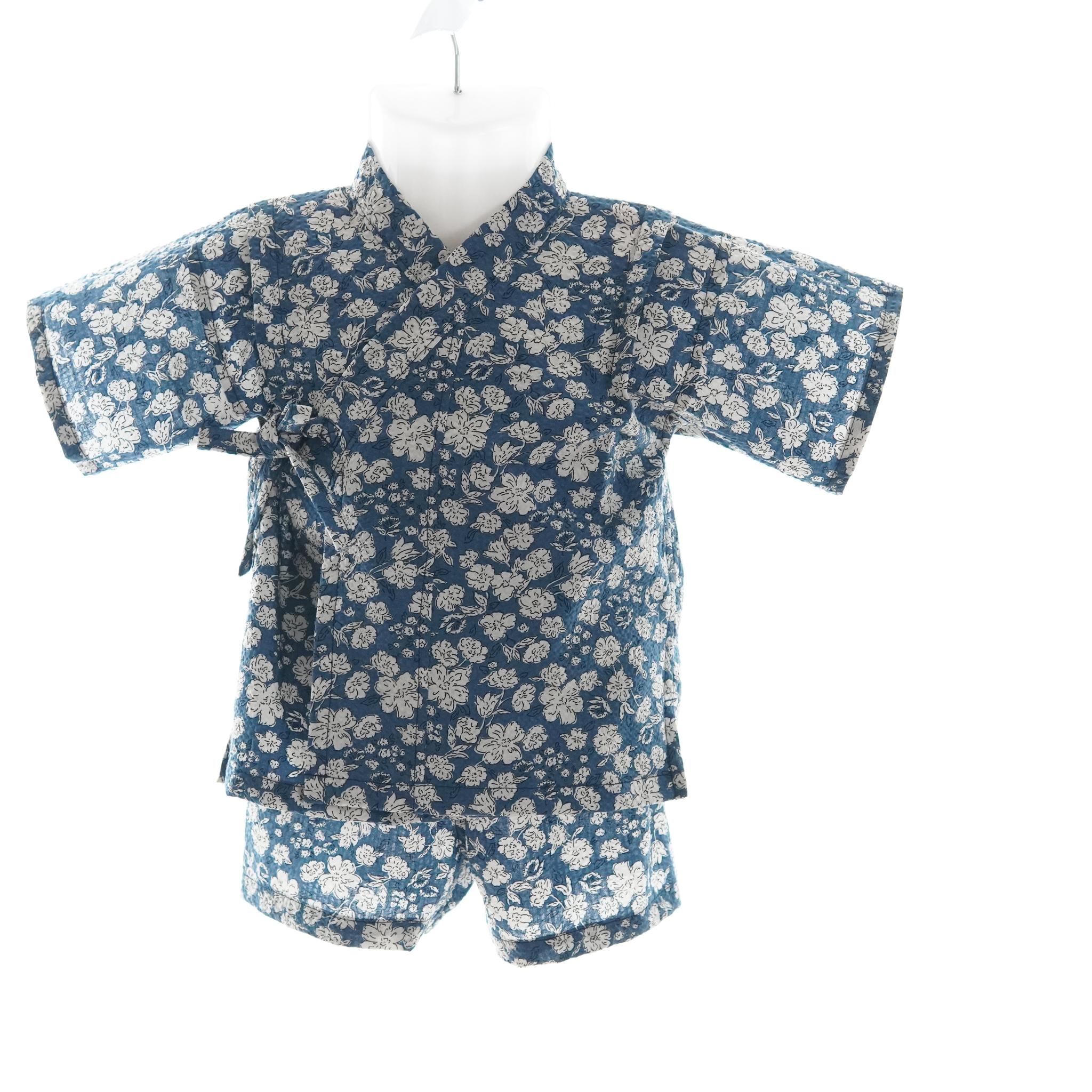 暑い夏でもさらりと気持ちいいリップル素材のこだわりベビー甚平〇花・ネイビー | 2枚目