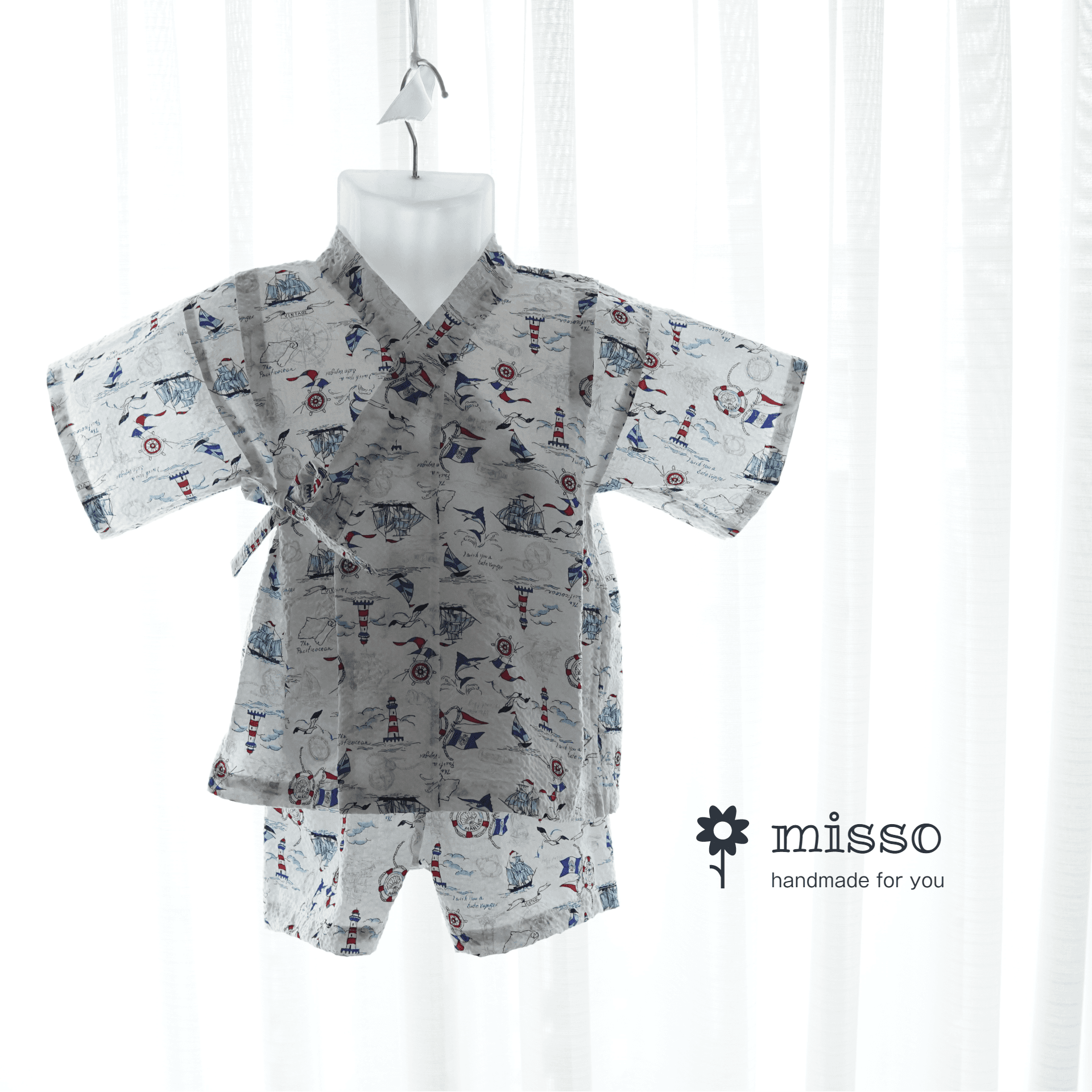 暑い夏でもさらりと気持ちいいリップル素材のこだわりベビー甚平〇マリンシロ | 2枚目